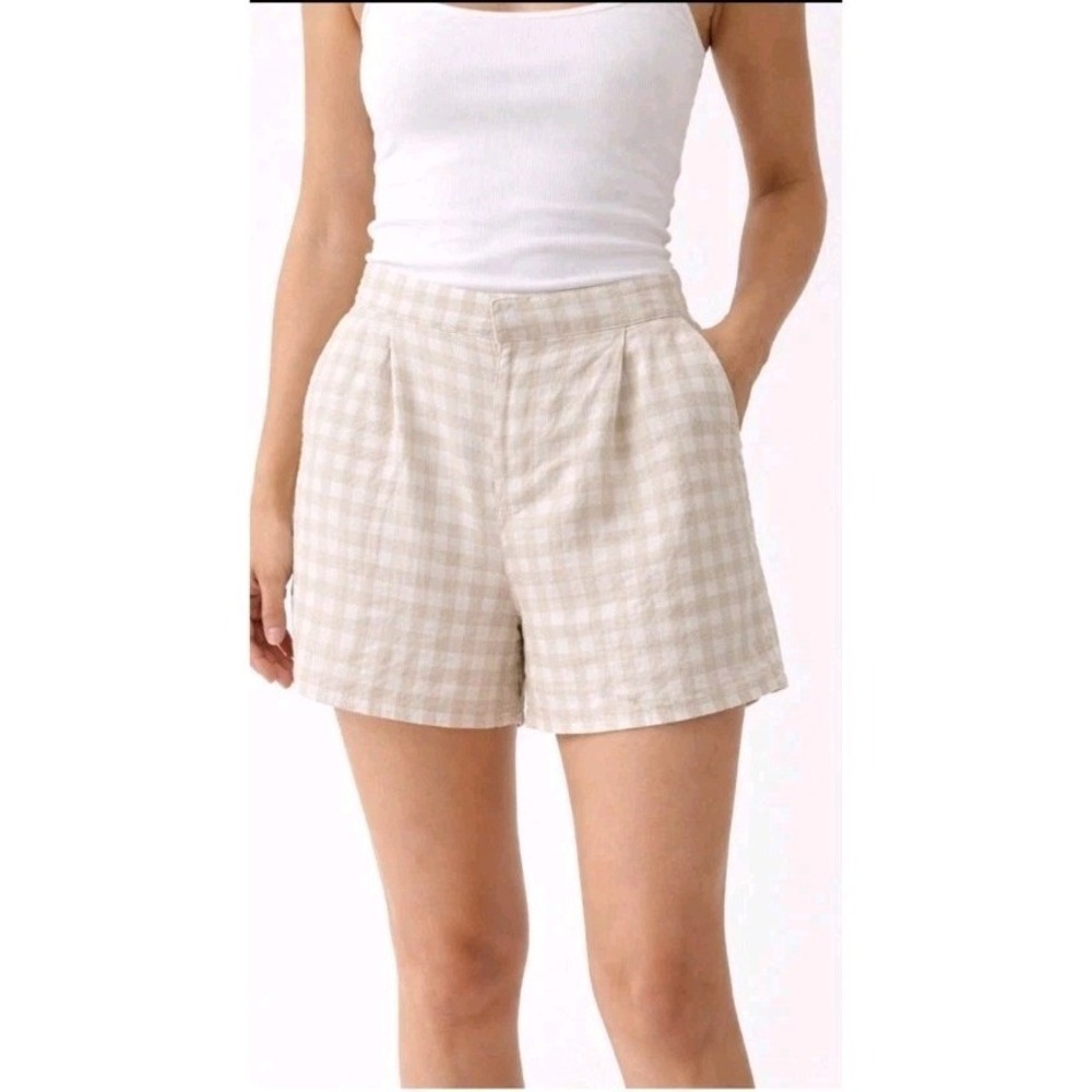 Laura Ashley Linen Shorts Women L Beige Plaid‎ Button Waist Lightweight Coastal